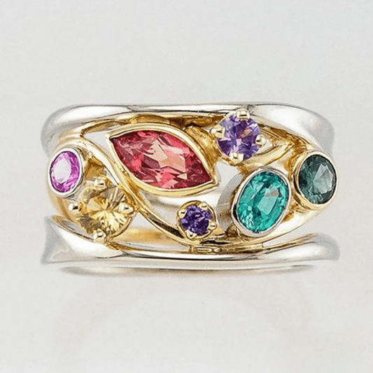 Anillo vintage de zircón colorido en oro y plata