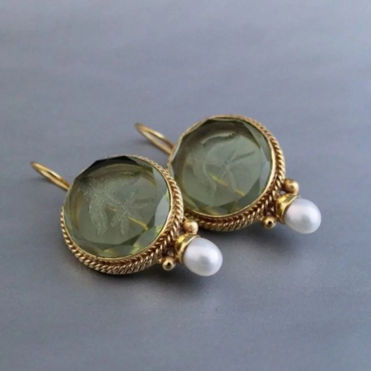 Pendientes de perlas de piedra verde retro