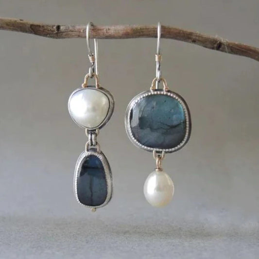 Pendientes de perlas de piedra azul vintage