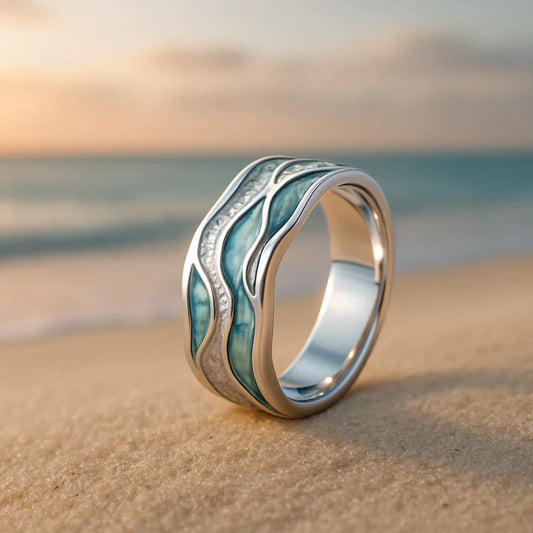 Anillo Turquesa Olas Plateadas