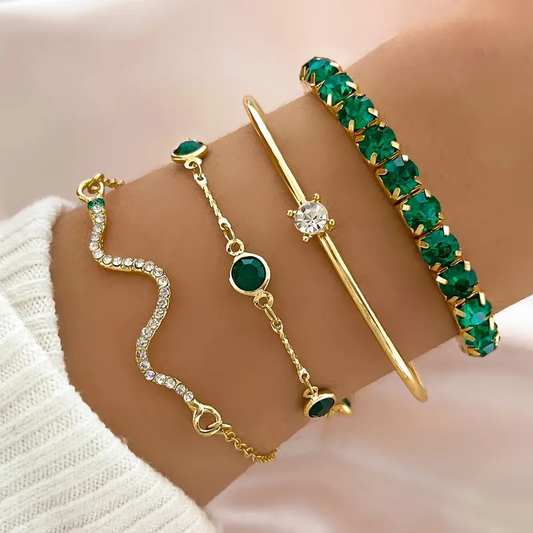 Conjunto de pulseras vintage verdes elegantes adornadas con cristales